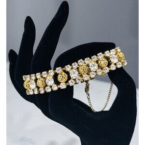 Vintage Hobe Bracelet Clear Rhinestone Gold Tone Filigree Signed 6.75"